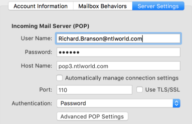 username incoming mail server